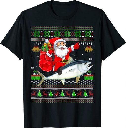Ugly Xmas Santa Claus Riding Tuna Fish Christmas Gift Shirt