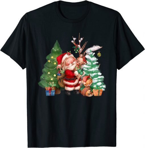 Vintage Santa Hugging a Reindeer Sweet Christmas Unisex Shirt