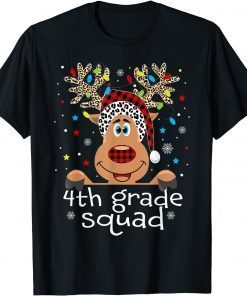 4th Grade Squad Plaid Reindeer Santa Hat Teacher Christmas Gift Shirt