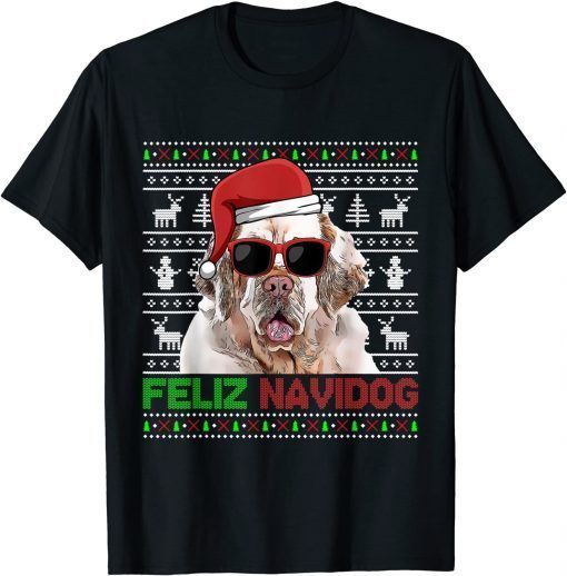 Clumber Spaniel Dog Feliz Navidog Christmas Unisex Shirt