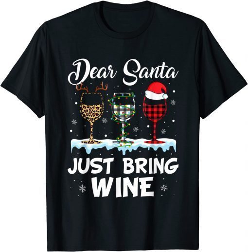 Dear Santa Just Bring Wine Leopard Christmas Lights Pajamas 2022 Shirt