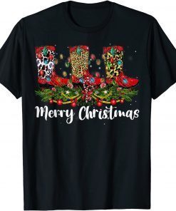 Merry Christmas Leopard Cowboy Boot Western Santa Xmas Light Gift Shirt