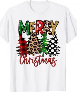 Merry Christmas Trees Vintage Buffalo Plaid Leopard T-Shirt
