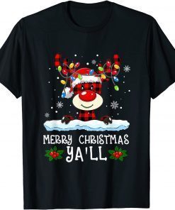 Merry Christmas Ya'll Red Buffalo Plaid Reindeer Santa Hat Gift Shirt