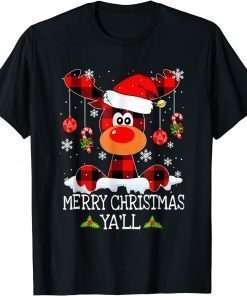 Merry Christmas Ya'll Reindeer Santa Hat Buffalo Red Plaid Classic Shirt