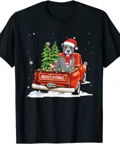 Merry Pitmas Pitbull Pickup Truck Santa Hat Xmas Lights Tree Unisex Shirt