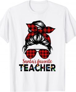 Santa's Favorite Teacher Christmas Women Messy Bun Buffalo T-Shirt