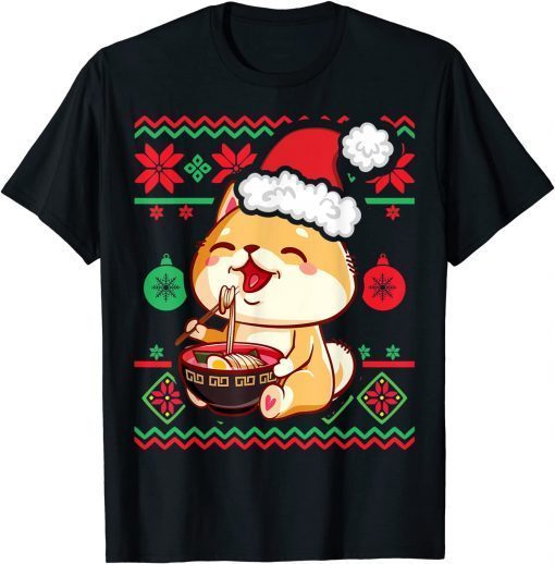 Ugly Christmas Sweater Kawaii Anime Shiba Inu Eating Ramen Unisex T-Shirt