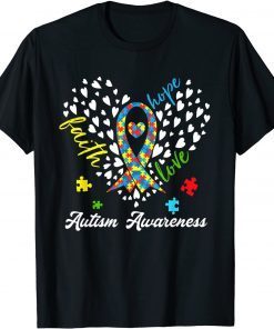 Autism Awareness Faith Hope Love Autism Heart Ribbon Puzzle Limited Shirt