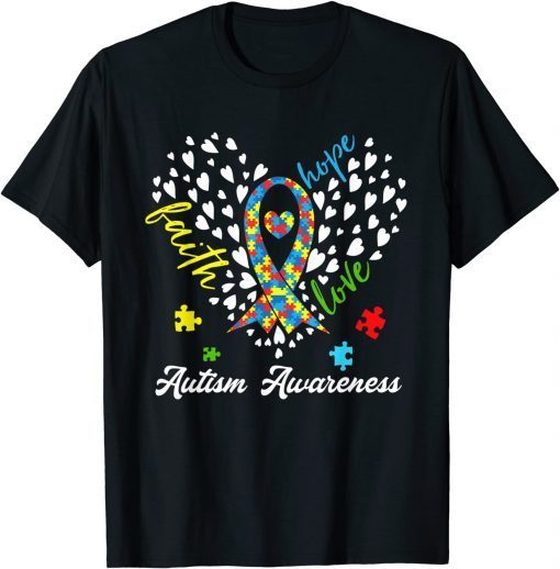 Autism Awareness Faith Hope Love Autism Heart Ribbon Puzzle Limited Shirt