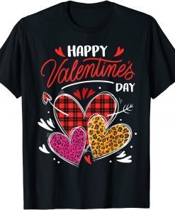 Happy Valentine's Day Three Leopard And Plaid Hearts Unisex Shirt