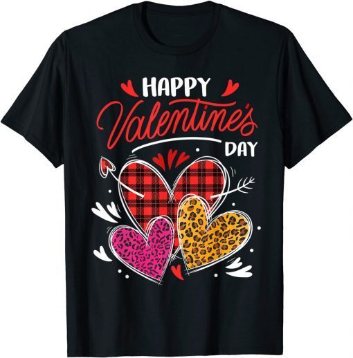 Happy Valentine's Day Three Leopard And Plaid Hearts Unisex Shirt