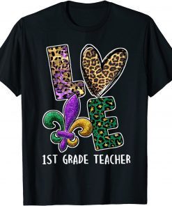 I Love Mardi Gras 1st Grade Teacher Plaid Leopard Classic Shirt