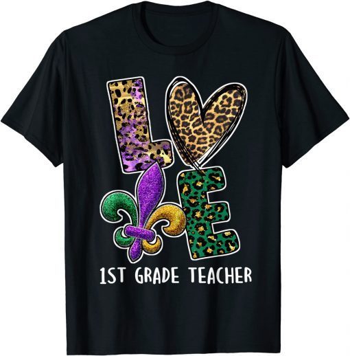 I Love Mardi Gras 1st Grade Teacher Plaid Leopard Classic Shirt