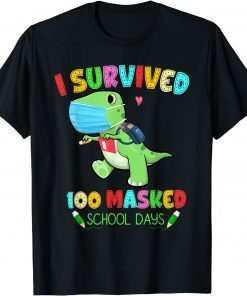 I Survived 100 Masked School Days Dinosaur Face Mask Teacher Gift Shirt