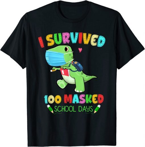 I Survived 100 Masked School Days Dinosaur Face Mask Teacher Gift Shirt