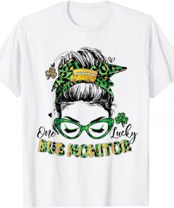 One Lucky School Bus Monitor Messy Bun St Patricks Day Classic Shirt