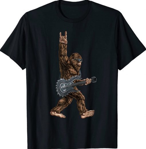 Bigfoot Playing A Dragon Guitar Rock On Sasquatch Big Foot Tee Shirt