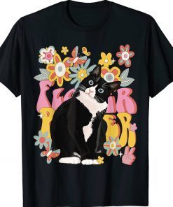 Tuxedo Cat Retro 60s 70s Vibe Flowers Peace Sign Vintage Tee Shirt