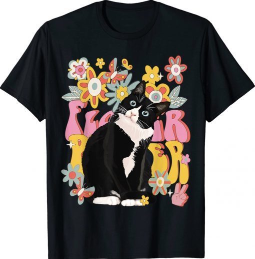 Tuxedo Cat Retro 60s 70s Vibe Flowers Peace Sign Vintage Tee Shirt