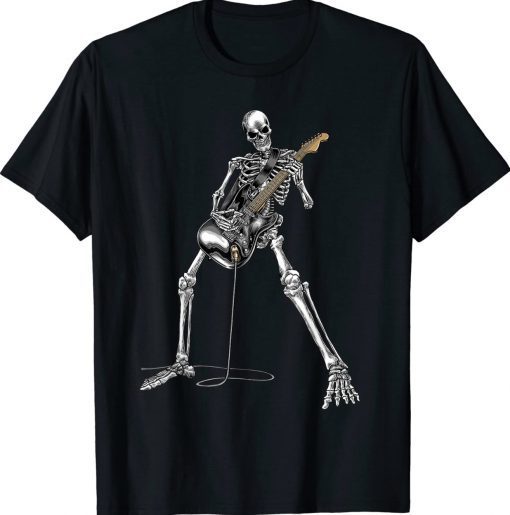 Happy Skeleton Guitar Guy Spooky Halloween Rock Band Concert Tee Shirt