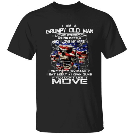 Skull i am a grumpy old man i love freedom drink beer tee shirt