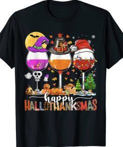 Happy Hallothanksmas Wine Glasses Witch Santa Hat Tee Shirt