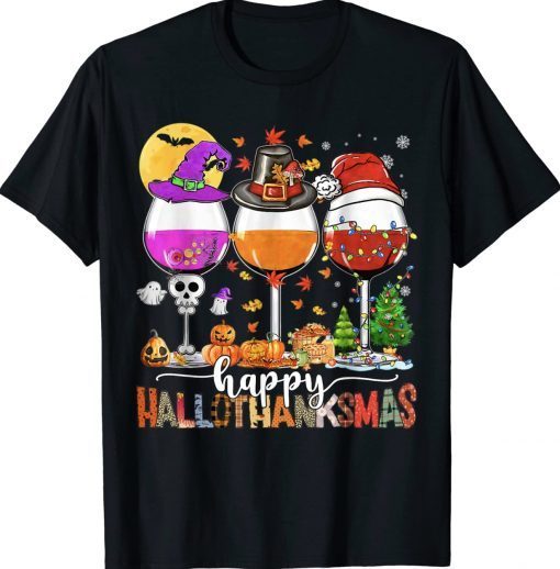 Happy Hallothanksmas Wine Glasses Witch Santa Hat Tee Shirt