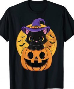 Cute Halloween Black Cat Witch Hat Pumpkin Tee Shirt