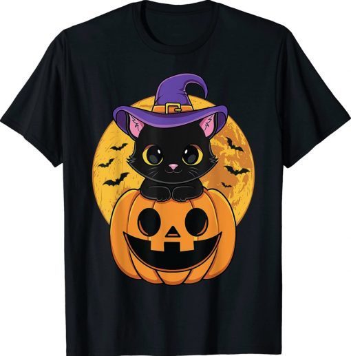 Cute Halloween Black Cat Witch Hat Pumpkin Tee Shirt