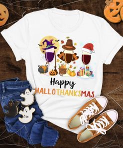 Funny Happy Hallothanksmas Wine Halloween Thanksgiving Christmas T-Shirt