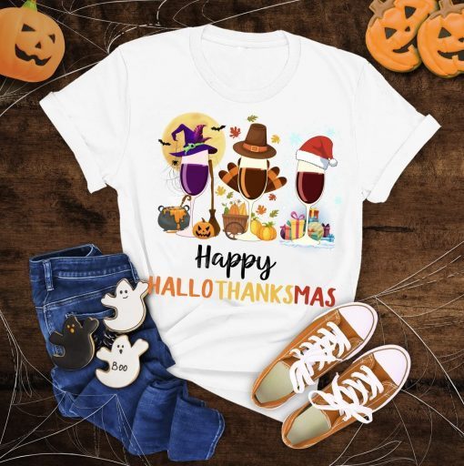 Funny Happy Hallothanksmas Wine Halloween Thanksgiving Christmas T-Shirt