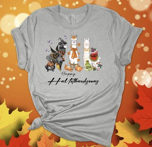 Happy Hallothanksmas Halloween Llama Thanksgiving Christmas Llama Tee Shirt