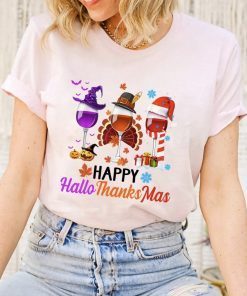 Wine Glass Happy Hallothanksmas Funny T-Shirt