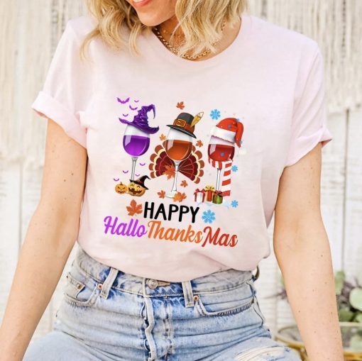 Wine Glass Happy Hallothanksmas Funny T-Shirt