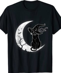 Moon Halloween Scary Black Cat Costume Witch Hat Vintage TShirt