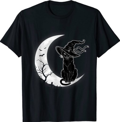 Moon Halloween Scary Black Cat Costume Witch Hat Vintage TShirt