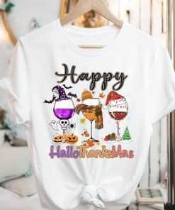 Wine Glass Happy Hallothanksmas Thankgiving Glass Wine Lover Gift T-Shirt