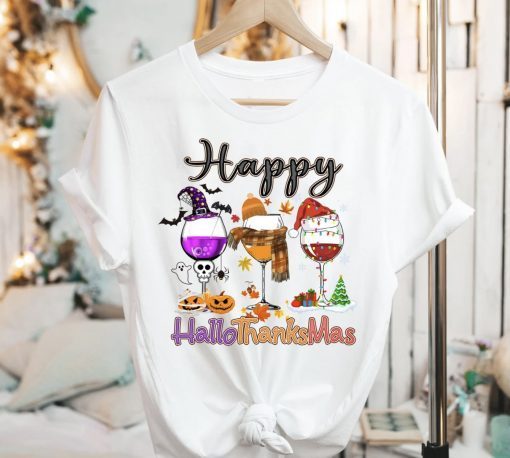 Wine Glass Happy Hallothanksmas Thankgiving Glass Wine Lover Gift T-Shirt