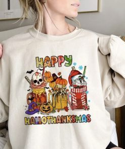 Happy Hallothanksmas Fall Coffee Thanksgiving Pumpkin Horror Coffee Tee Shirt