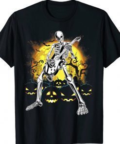 Happy Halloween Skeleton Playing Guitar Pumpkin Vibes Tee Shirt