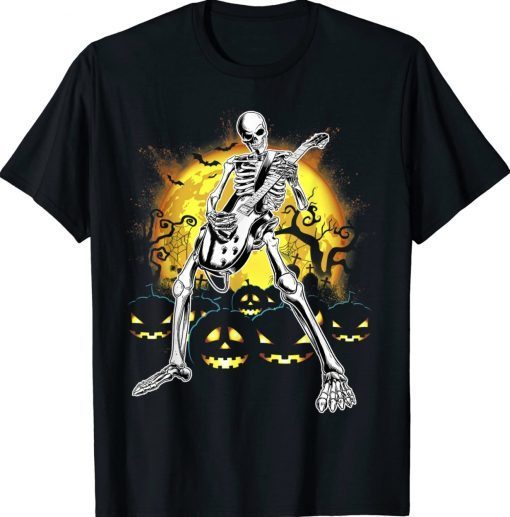 Happy Halloween Skeleton Playing Guitar Pumpkin Vibes Tee Shirt