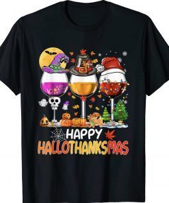 Happy Hallothanksmas Wine Glasses Witch Santa Hat Pumpkin Tee Shirt