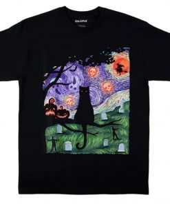 Scary Night Cat Black Halloween Pumpkin Art Tee Shirt
