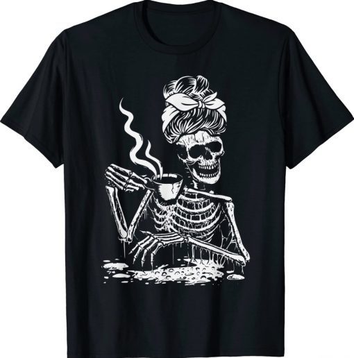 Vintage Skeleton Coffee Messy Bun Design T-Shirt