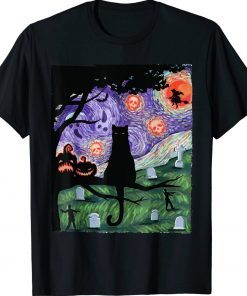 Funny Scary Night Cat Black Halloween Pumpkin Art Tee Shirt