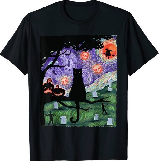 Funny Scary Night Cat Black Halloween Pumpkin Art Tee Shirt