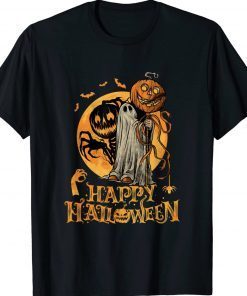 Happy Halloween Pumpkin Ghost Autumn Leaves Graphic Art Vintage TShirt