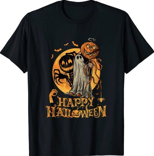 Happy Halloween Pumpkin Ghost Autumn Leaves Graphic Art Vintage TShirt