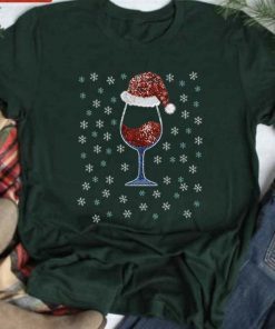 Wine With Christmas Hat Christmas Snowflakes Winter Tee Shirt